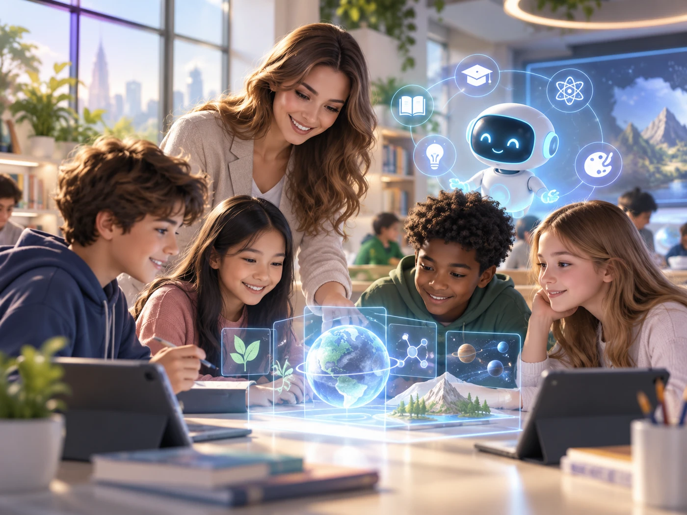 Professora e estudantes usando inteligência artificial em uma sala de aula moderna
